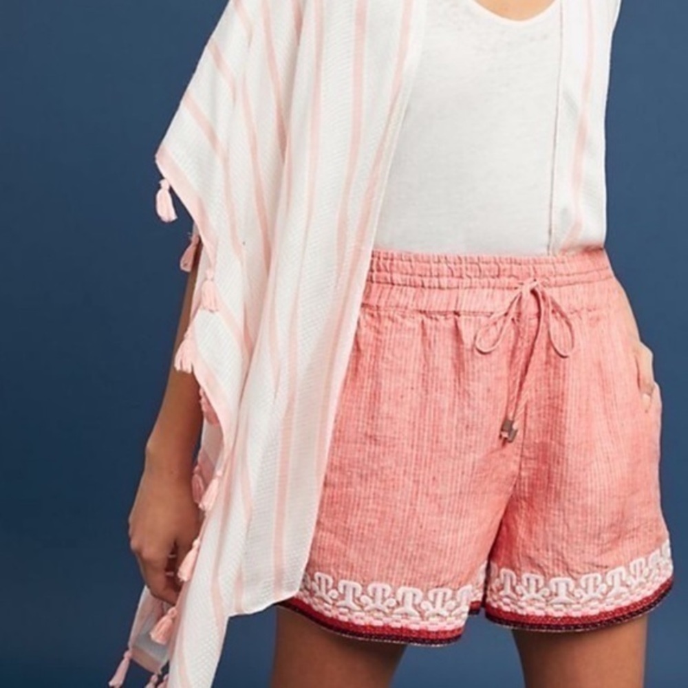 Anthropologie Beachcomber Linen Boho Embroidered Pin Stripe Drawstring Shorts